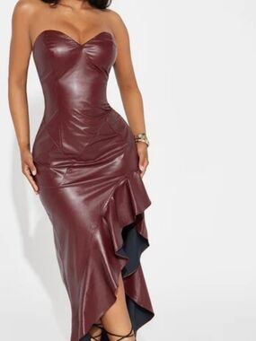 Fashion Nova Strapless Burgundy Faux-Leather Ruffle Midi Dress